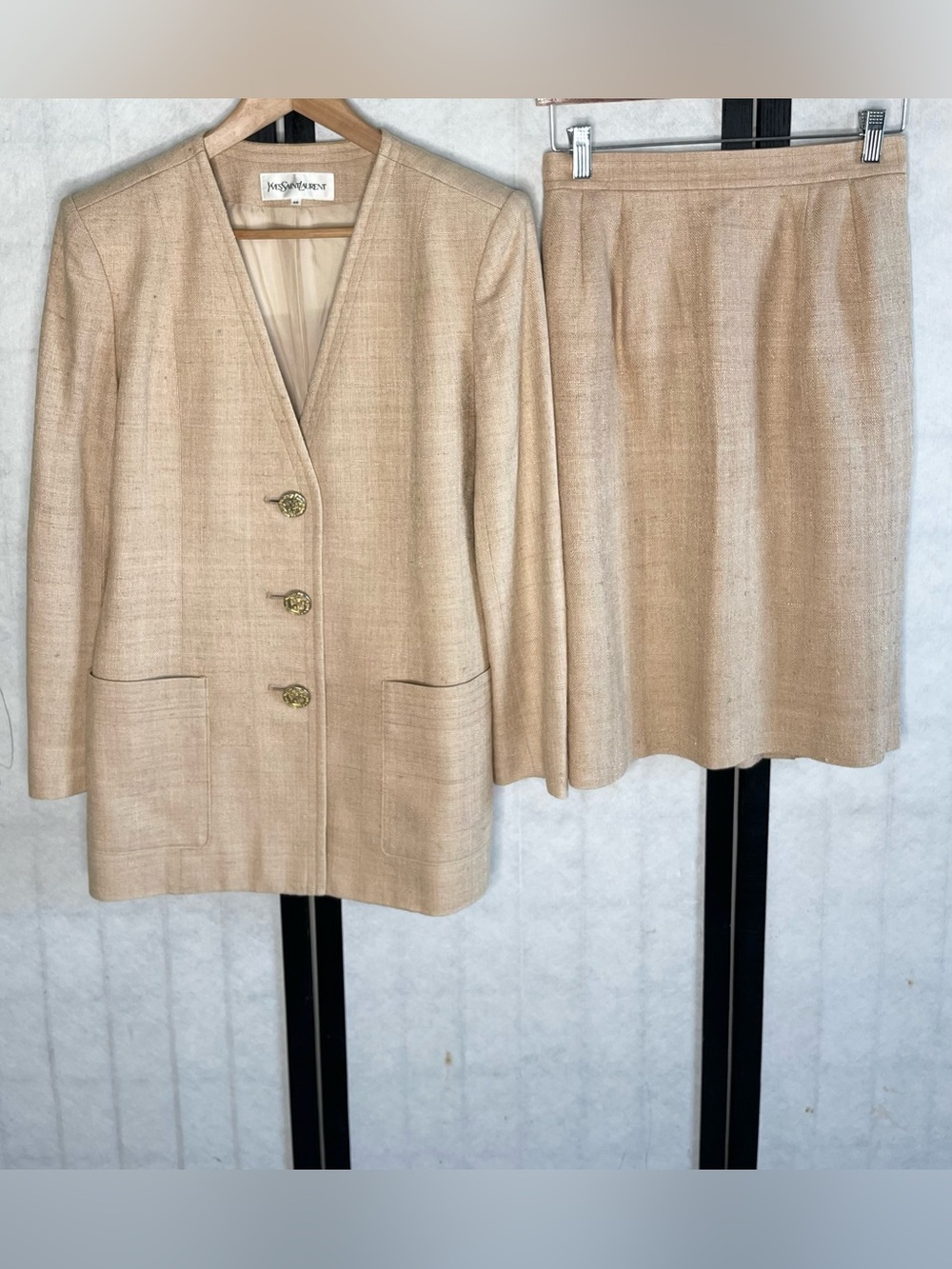 Yves Saint Laurent Beige Tweed Blazer and Skirt Set. Size: 38